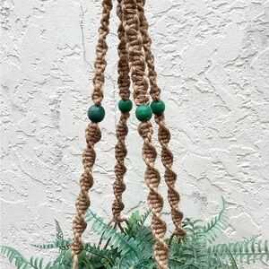 Macrame  Handmade Plant Hanger Jute Green Beads Geometric